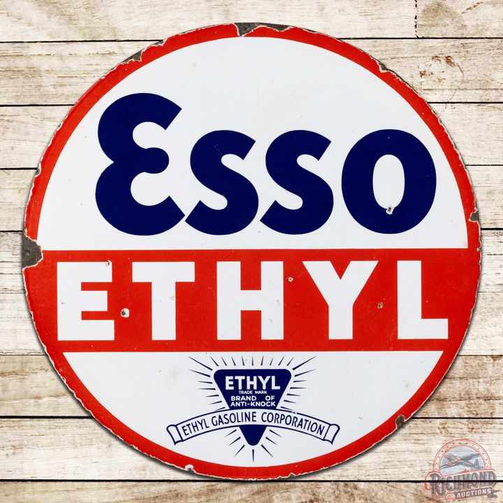 Rare Esso Ethyl Gasoline 30" Double Sided Porcelain Sign w/ Logo