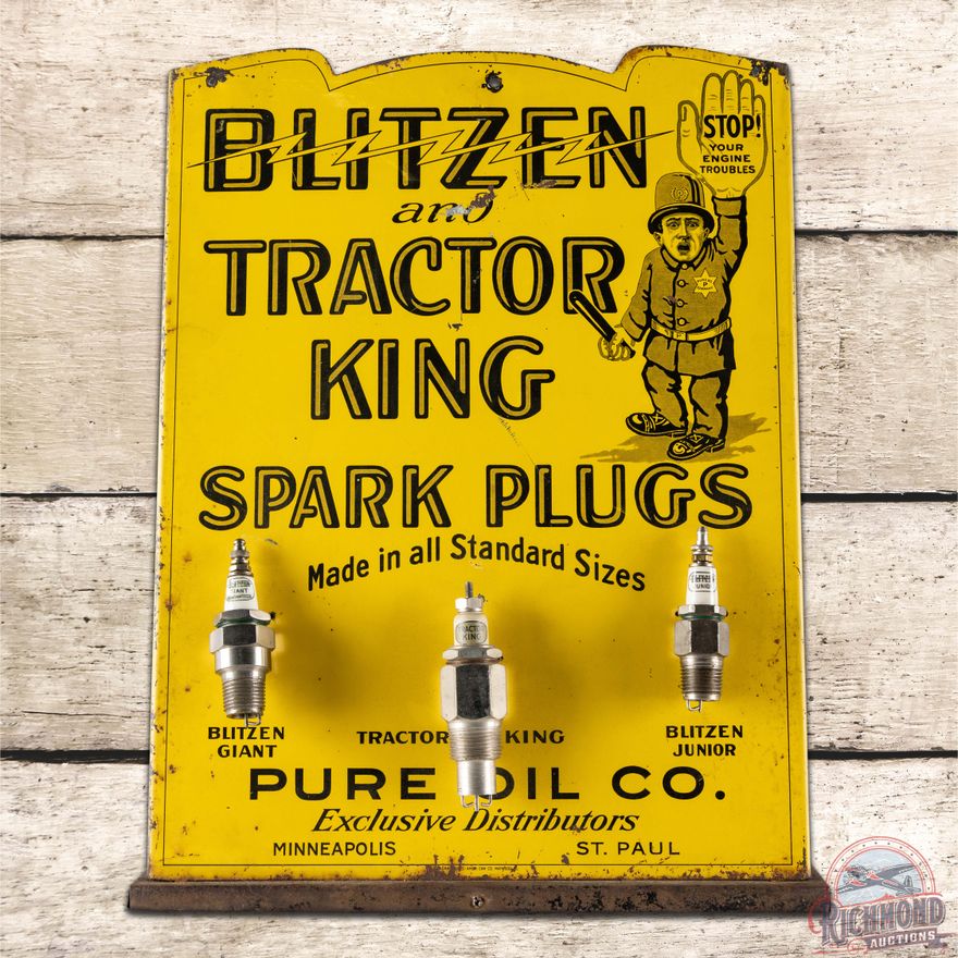 Pure Oil Co. Blitzen Tractor King Spark Plugs Countertop Metal Display w/ Traffic Cop