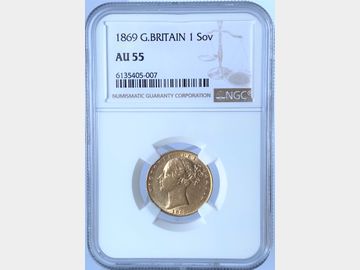 1869 VICTORIA YOUNG HEAD SHIELD GOLD SOVEREIGN AU55