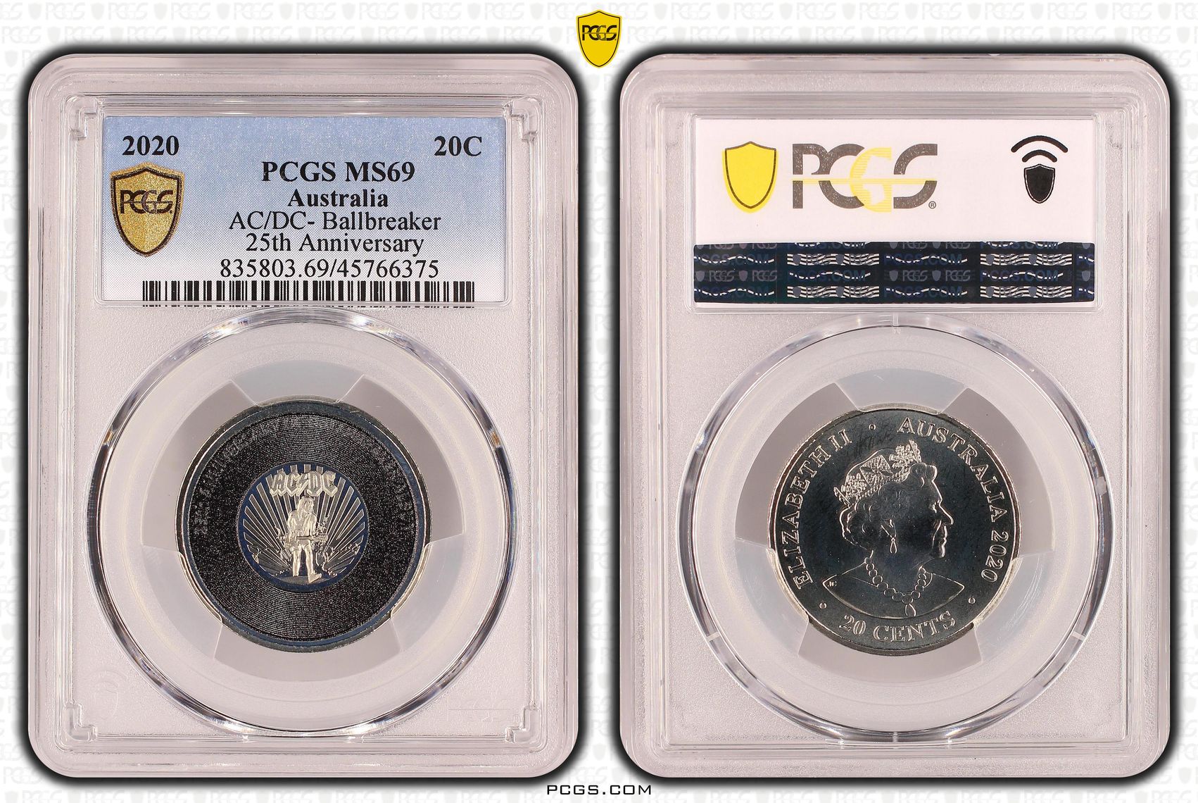 67 · AC/DC- Ballbreaker 25th Anniversary, Twenty Cent, 2020, PCGS MS69
