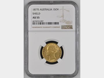 1877 SYDNEY MINT GOLD SOVEREIGN AU55 VICTORIA SHIELD