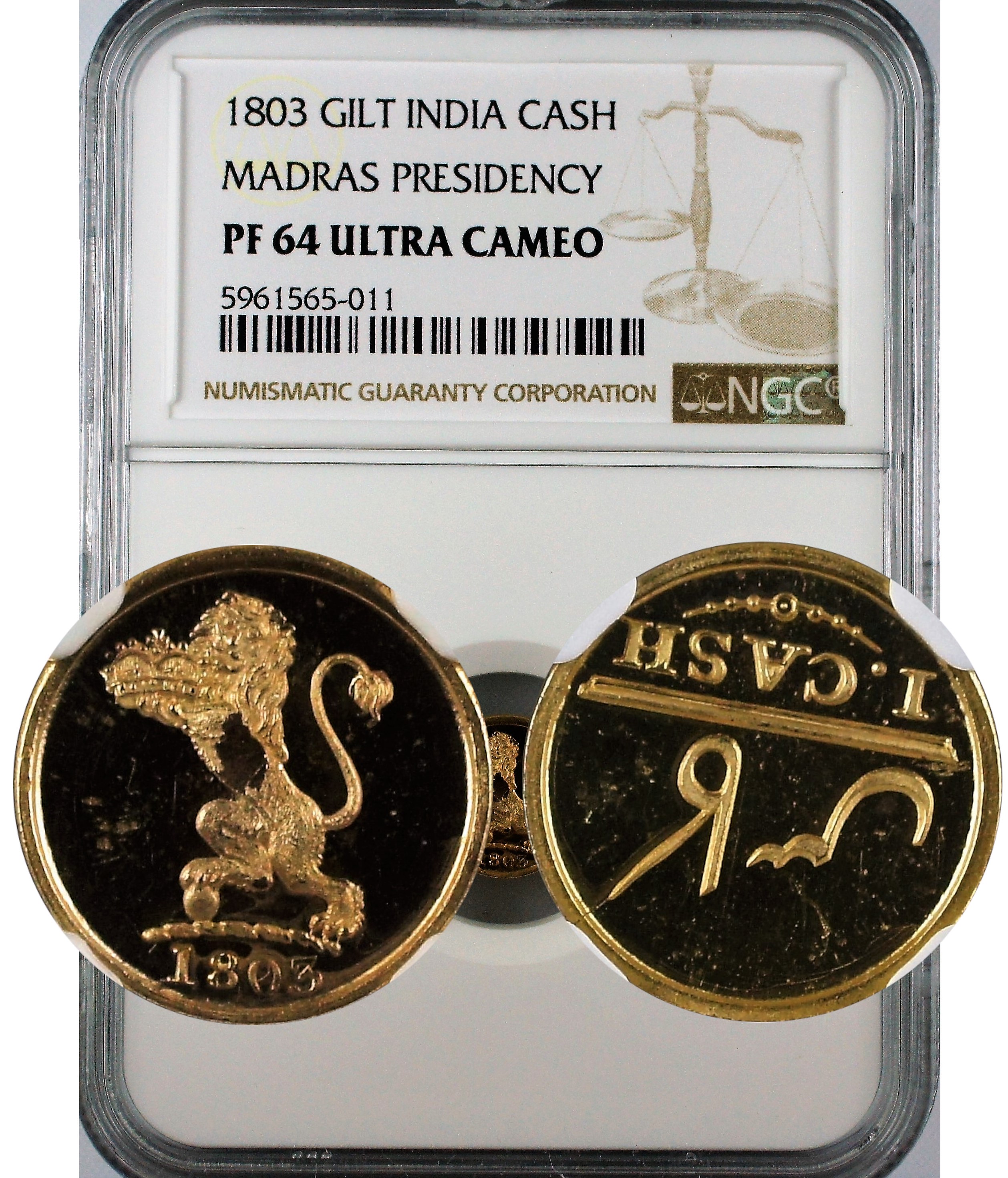 India Madras Presidency Gilt Cash NGC PF64 Ultra Cameo