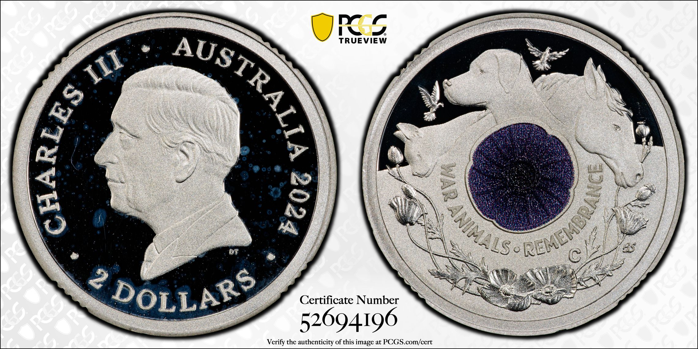 War Animal Remembrance Silver Colourised, Two Dollar, 2024-C, PCGS PR66DCAM