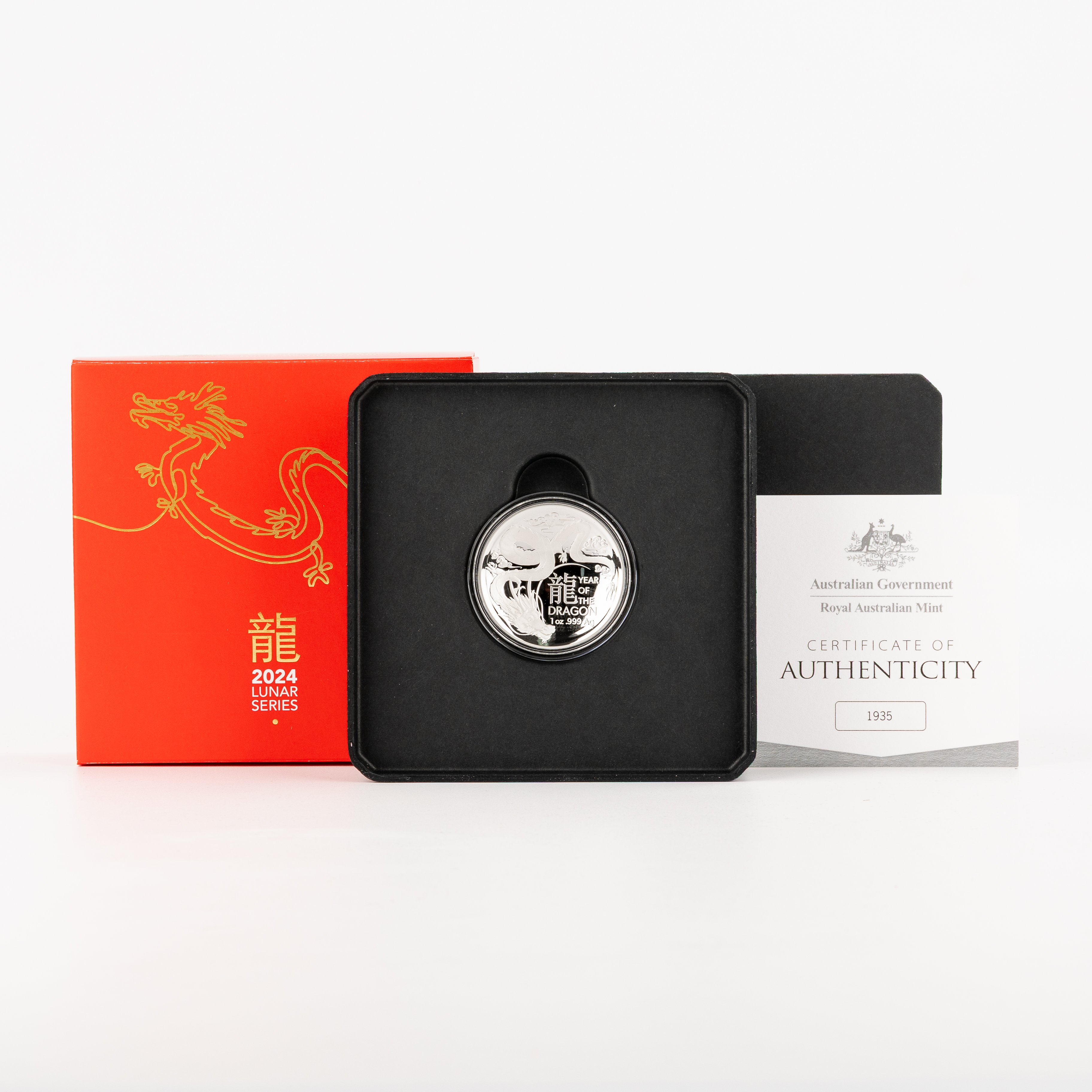 18 · Year of the Dragon Domed 1oz Silver Proof, Five Dollars, 2024