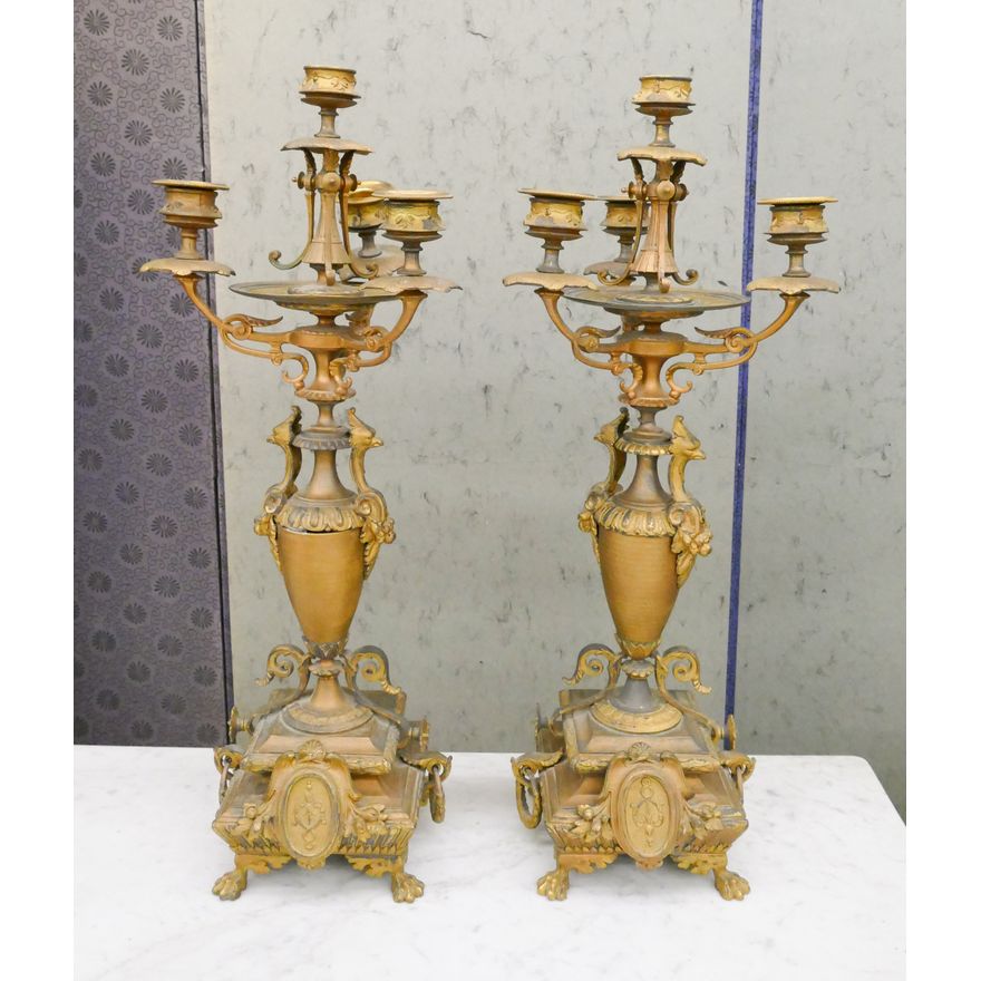 Pair Antique Britannia Gilt Candelabras- 20x8'' with surface wear