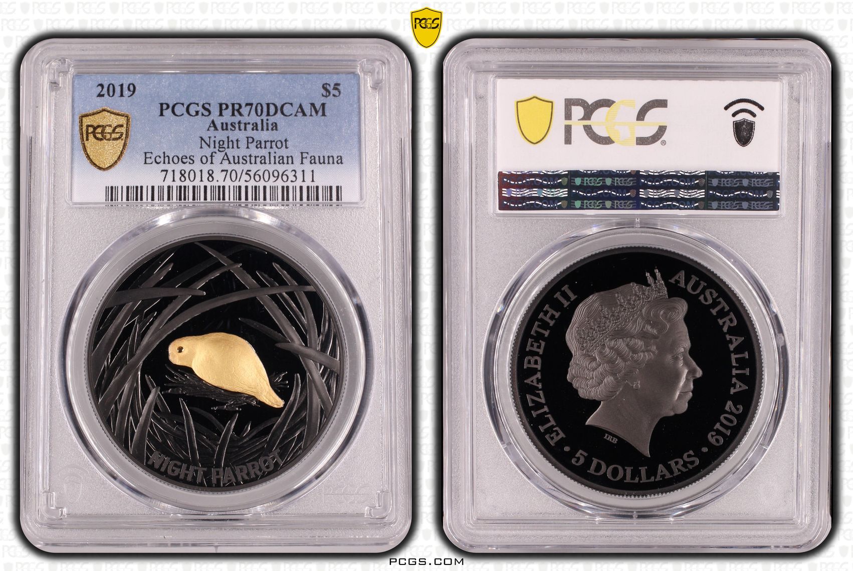 Night Parrot Echoes of Australian Fauna, POP 17/0, Five Dollars, 2019, PCGS PR70DCAM