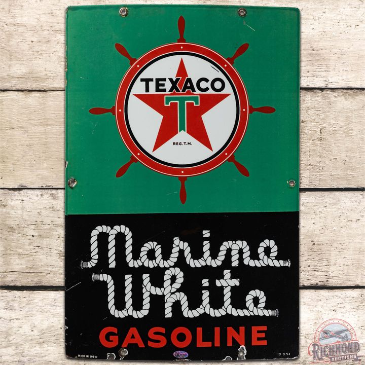 1951 Texaco Marine White Gasoline SS Porcelain Pump Plate Sign w/ Ships Wheel