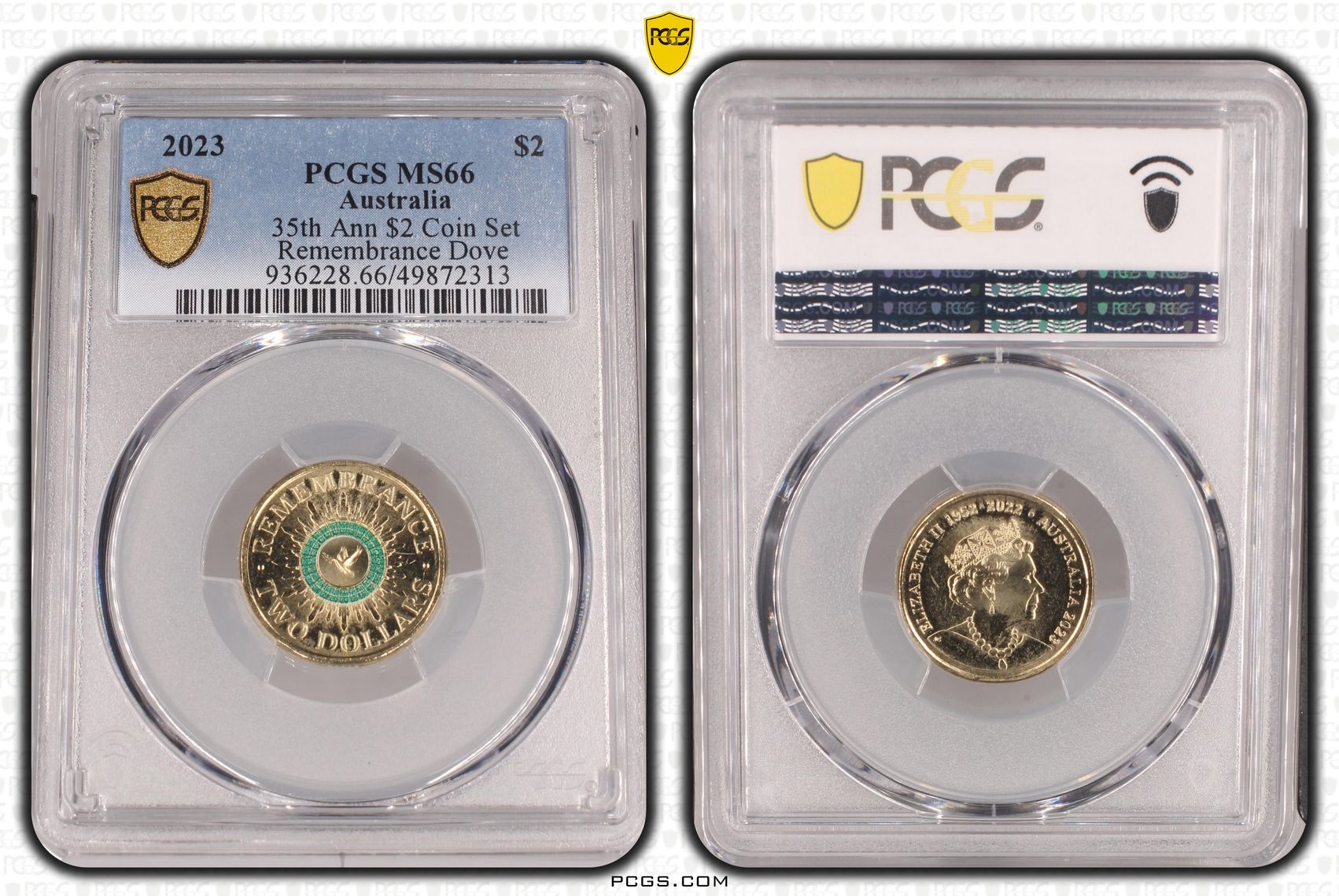 35th Ann $2 Coin Set Remembrance Green Dove, Two Dollar, 2023, PCGS MS66