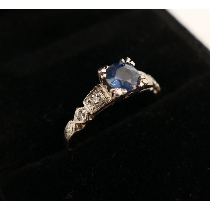Art Deco Platinum Diamond & Blue Topaz Ring- 3.3g