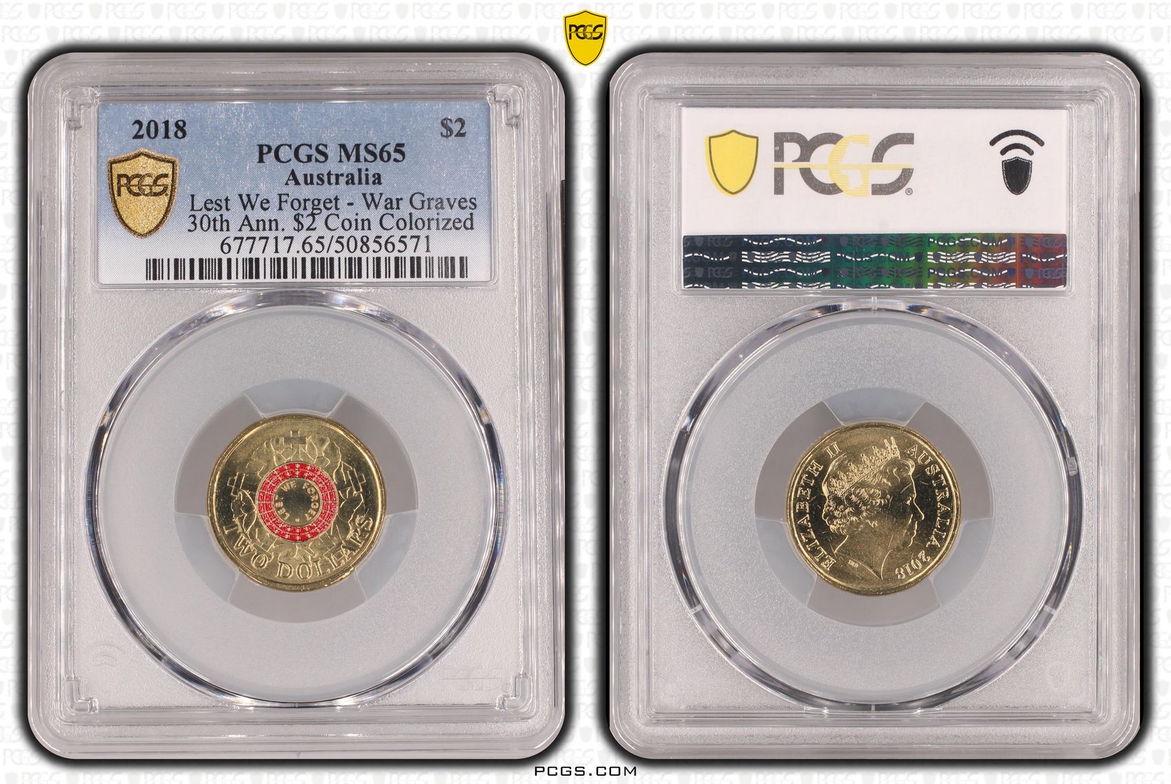 404 · Lest We Forget - War Graves 30th Ann. $2 Coin Colorized, Two Dollar, 2018, PCGS MS65