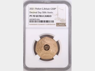 2021 'DECIMALISATION DAY 50th ANNIVERSARY' PROOF PIEDFORT GOLD 50 PENCE PF70 UCAM TOP POP!