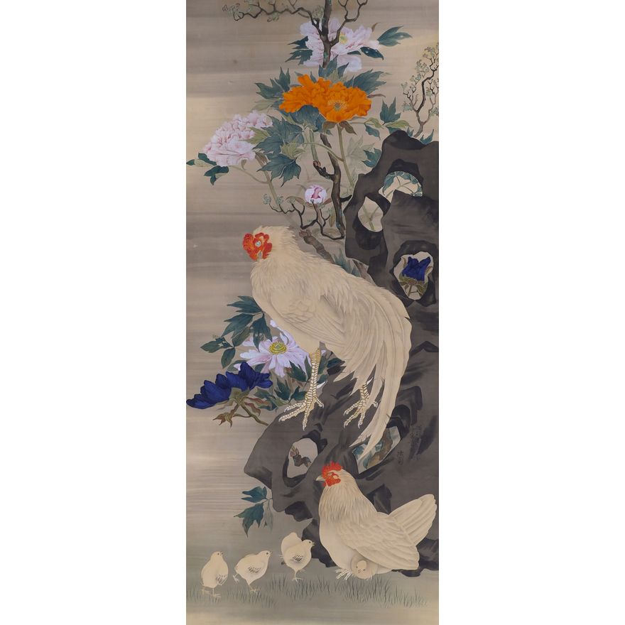 Japanese Meiji Roosters Scroll Painting