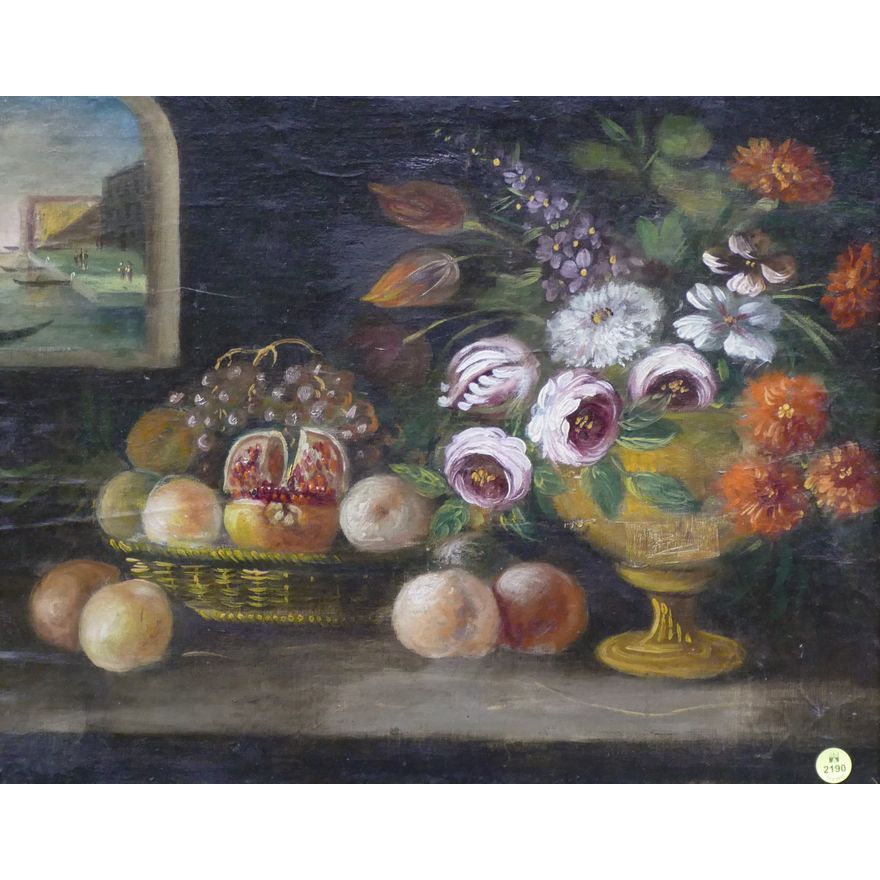 Antique Floral & Fruit Still Life Oil on Canvas Framed- 20x24''