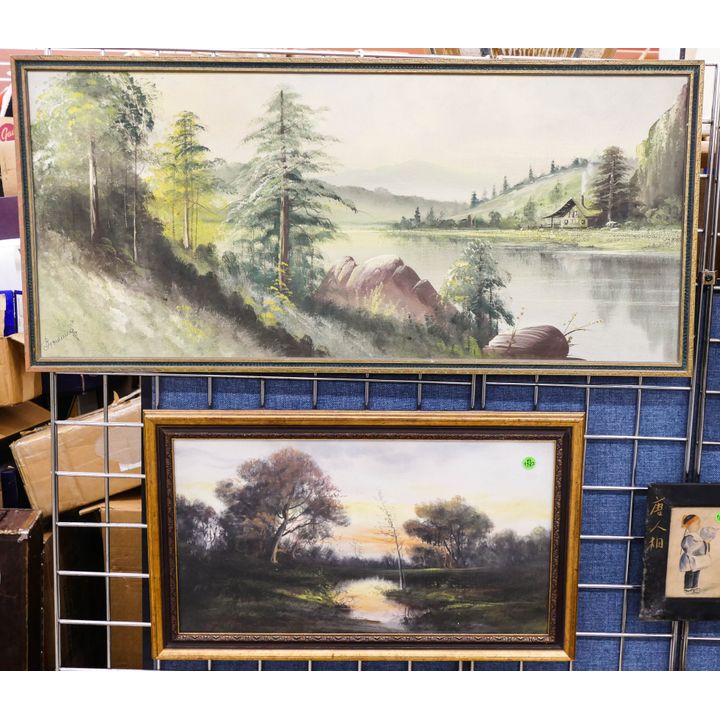 2pc Antique Landscape Panoramic Oil Paintings- largest 17x37''