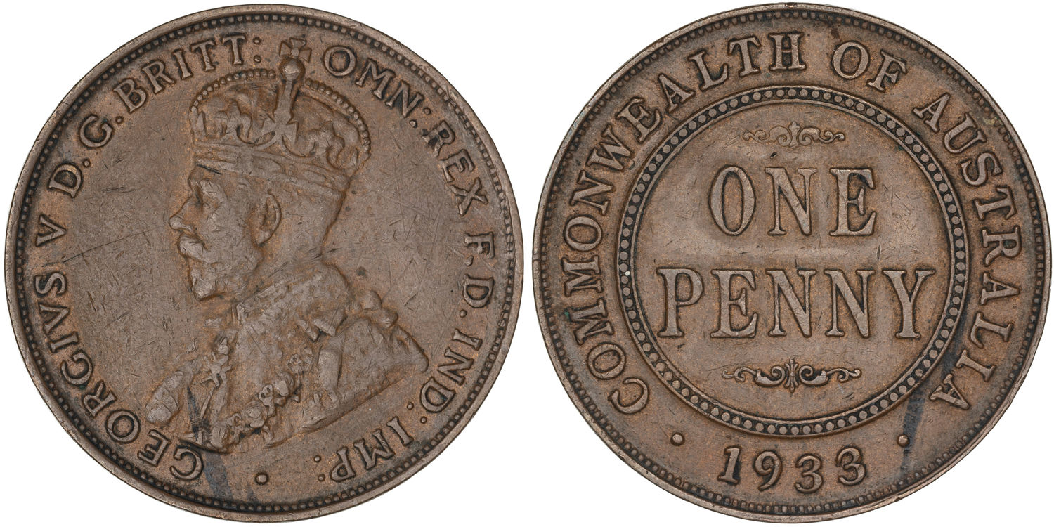 George V, Overdate, Penny, 1933/2, VF