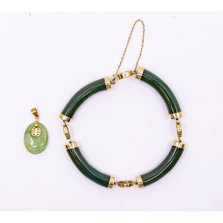 Box 14k Chinese Jade Bracelet & Pendant