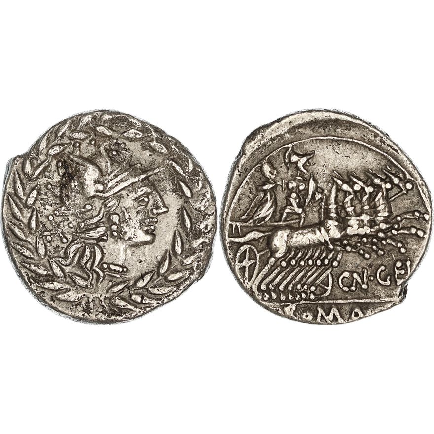 Roman Republic, Cn. Gellius, Silver Denarius, 138 BC,  gVF