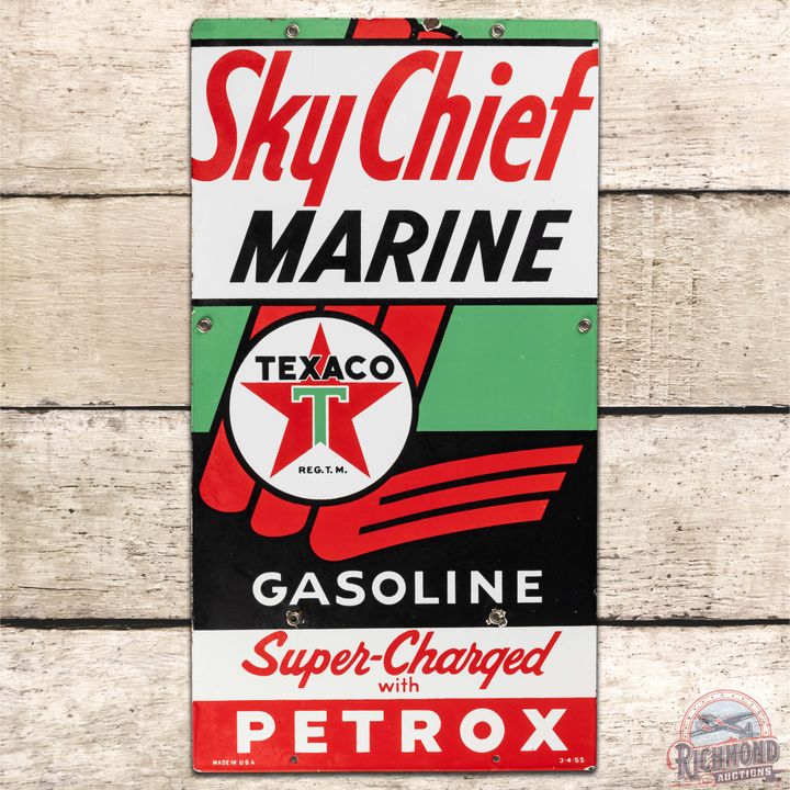 1955 Texaco Sky Chief Marine Gasoline w/ Petrox SS Porcelain Pump Plate Sign "Large"