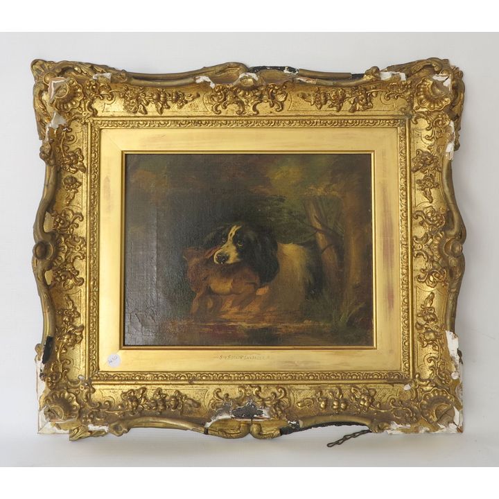 AFTER SIR EDWIN LANDSEER - OIL ON CANVAS - A GOOD CATCH, unsigned, inscribed on reverse