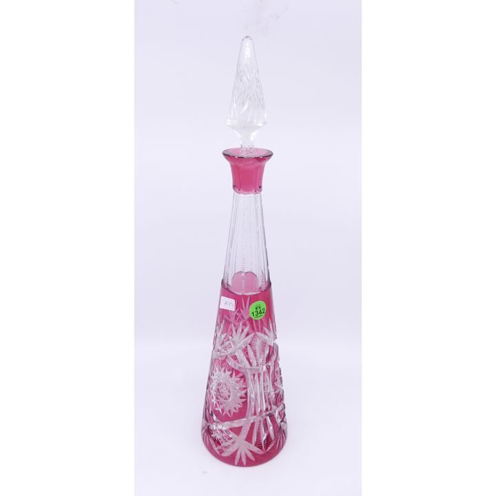 Antique Ruby Cut to Clear Decanter- chip to top edge- 16.5''