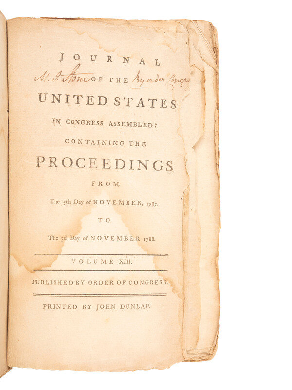 18th Century Americana 
[REVOLUTIONARY WAR] -- [CONTINENTAL CONGRESS]. Journal of the United States in Congres...Volume XIII. [Phila.], [1788]. 