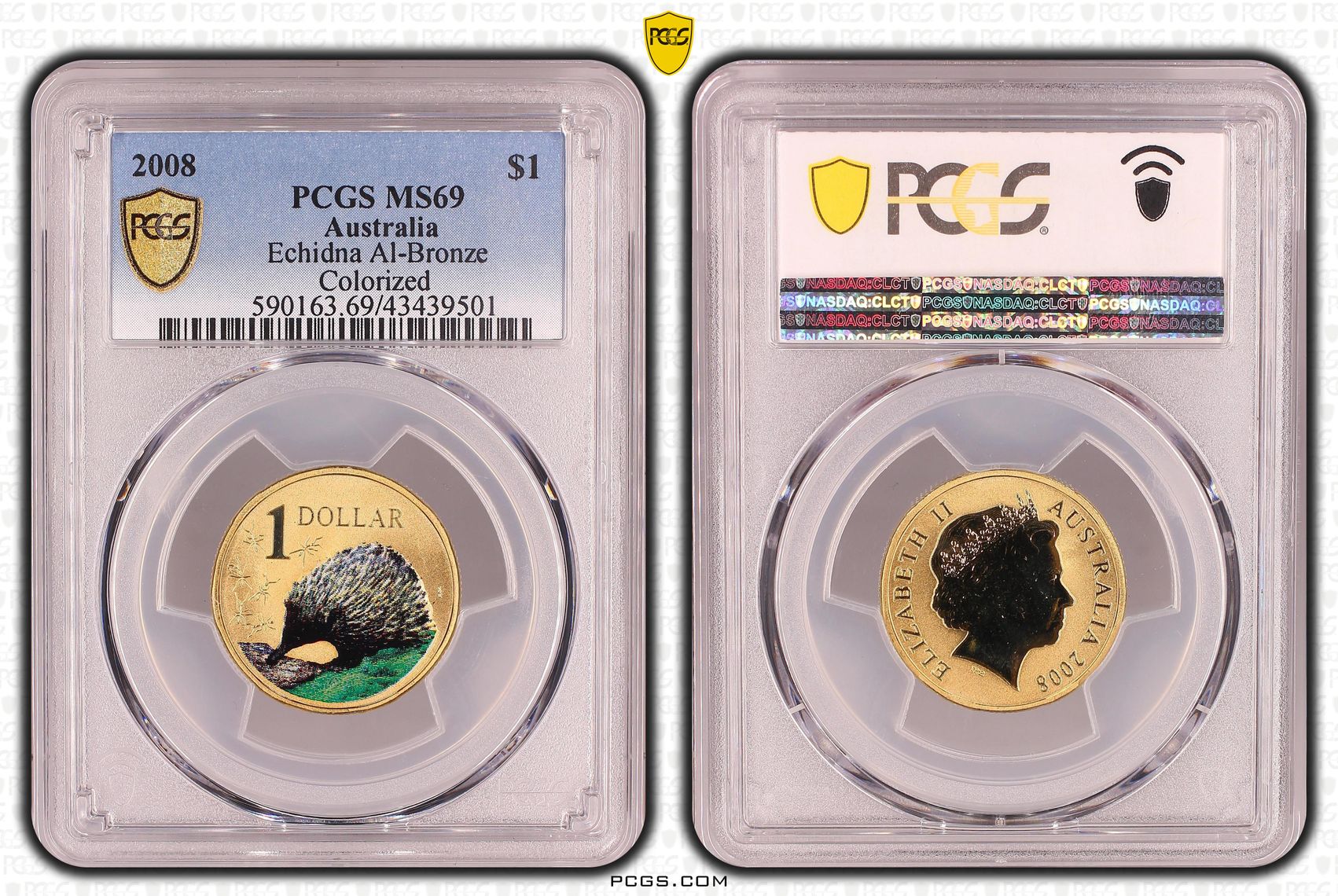Elizabeth II, Echidna, Al-Bronze Colorised, One Dollar, MS69 , 2008 PCGS POP - 5/0