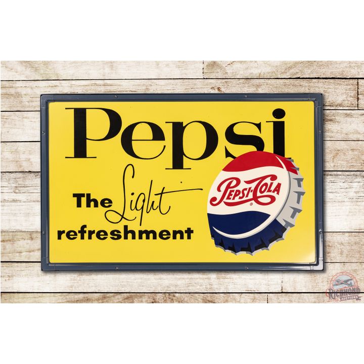 Rare NOS 5' Pepsi The Light Refreshment Tin Sign & Original Frame w/ Box