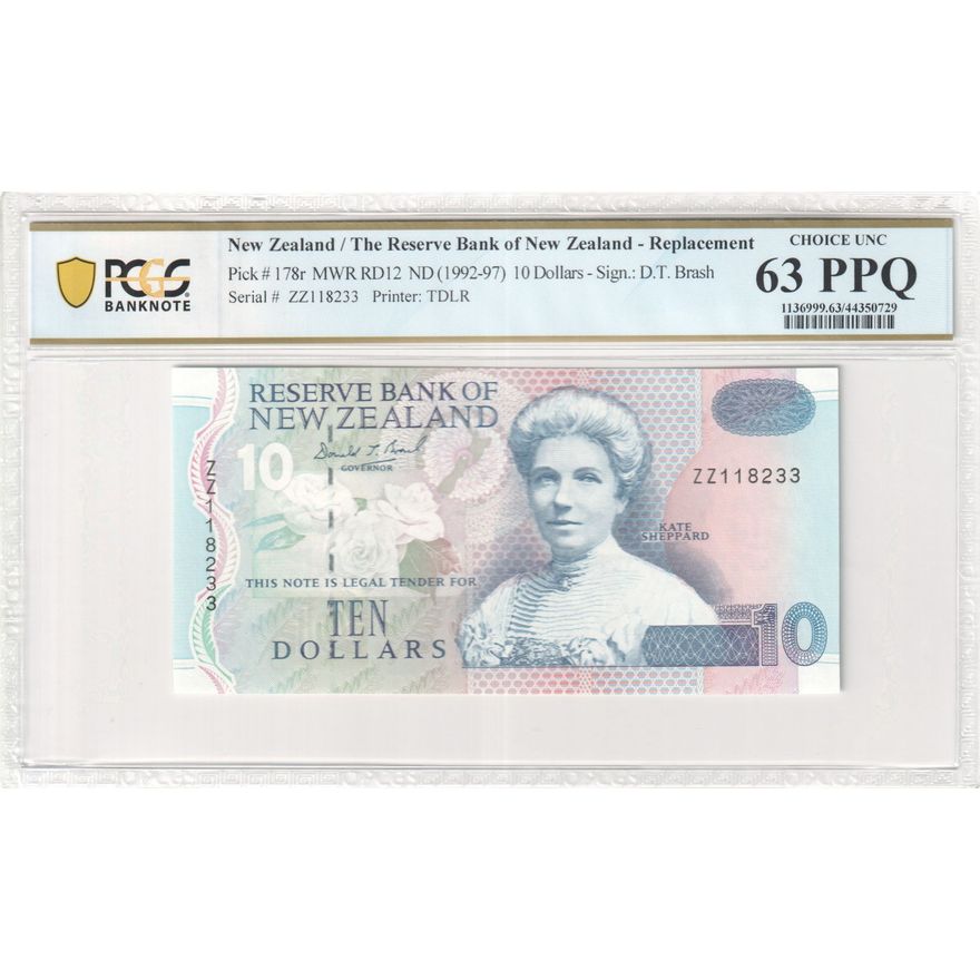 New Zealand, Reserve Bank of New Zealand, Replacement, TDLR, Sign.: Brash, Ten Dollar, ND (1992-97), PCGS - Choice UNC 63 PPQ