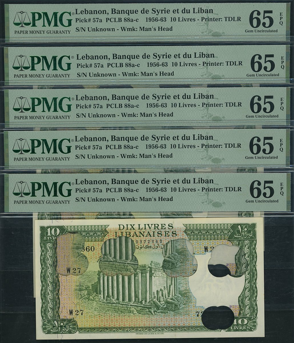 Banque de Syrie et du Liban, Lebanon, [5 notes] 10 Livres, 1956-63 ...