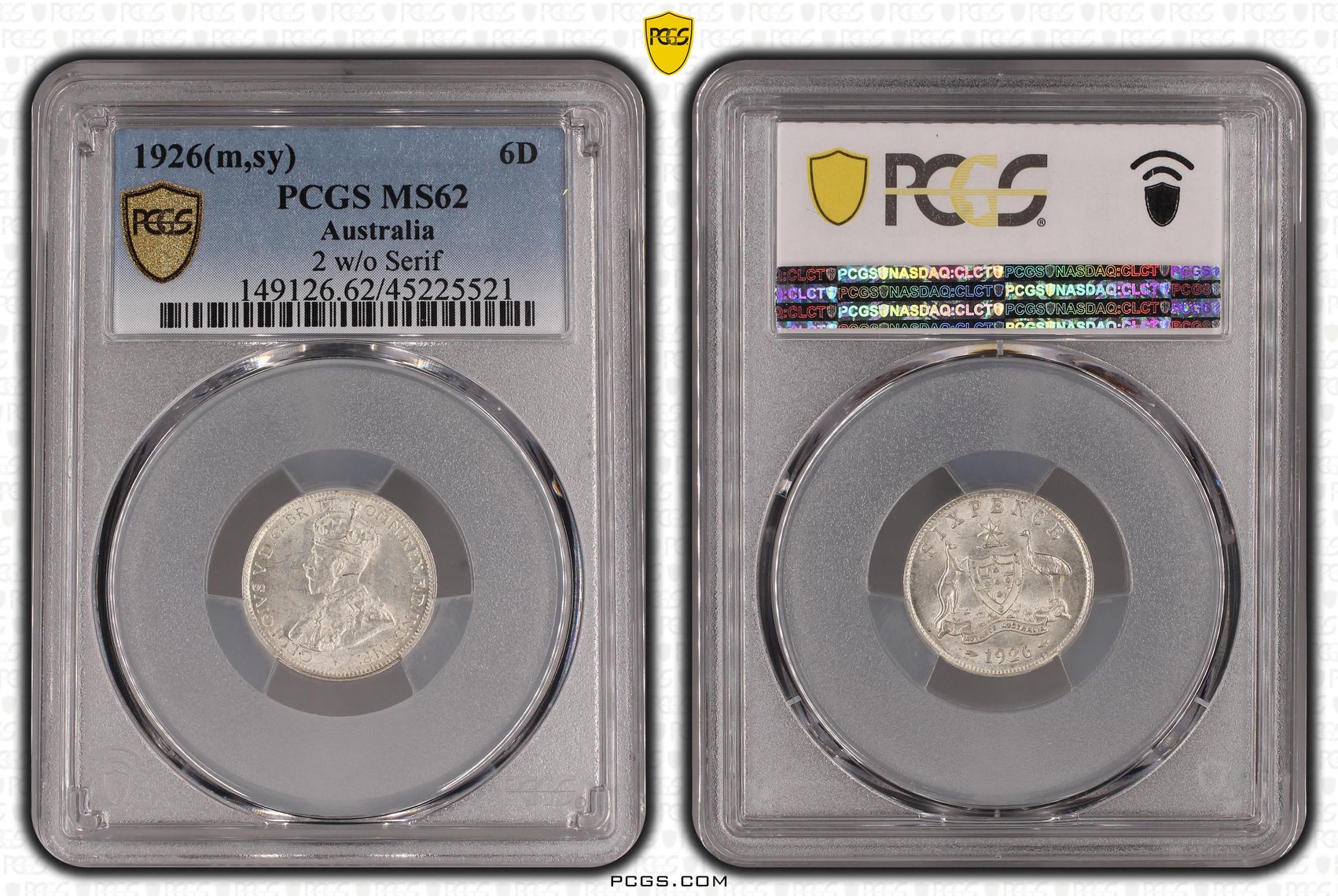 1926(m,sy) Australia Sixpence Silver 2 w/o Serif PCGS - MS62 -521