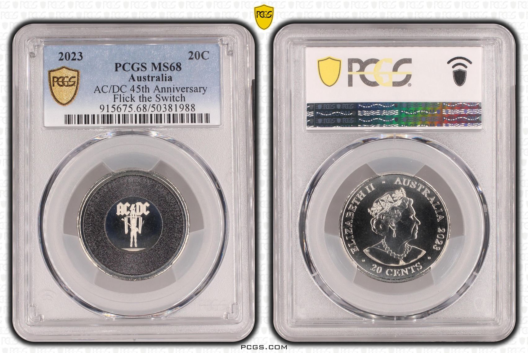 171 · Elizabeth II, AC/DC 45th Anniversary - Flick the Switch , Twenty Cent, 2023, PCGS MS68