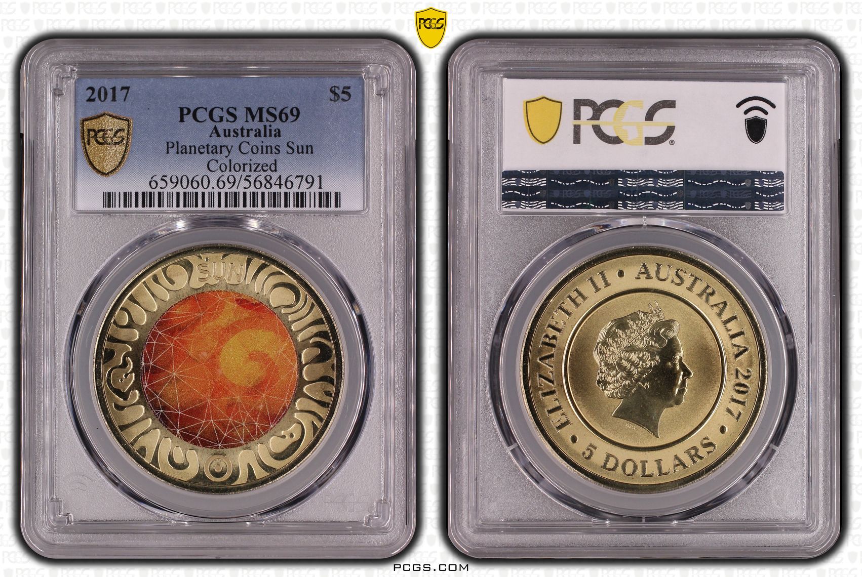 Planetary Coins Sun Colourised, Five Dollar, 2017, MS69