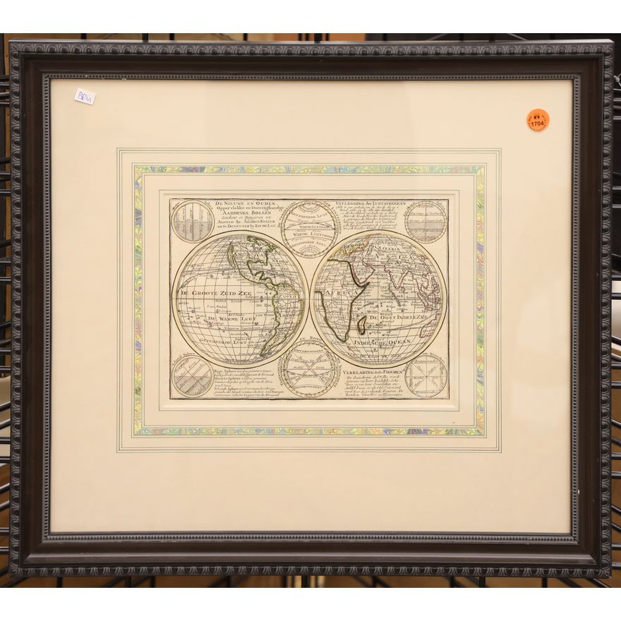 Dutch 18th Cent. World Map Engraving Framed 18''x20''