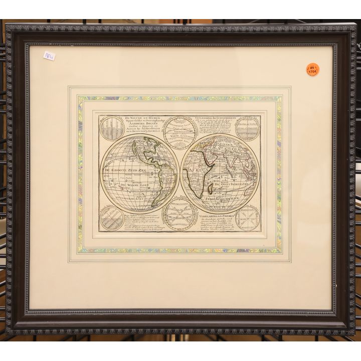 Dutch 18th Cent. World Map Engraving Framed 18''x20''