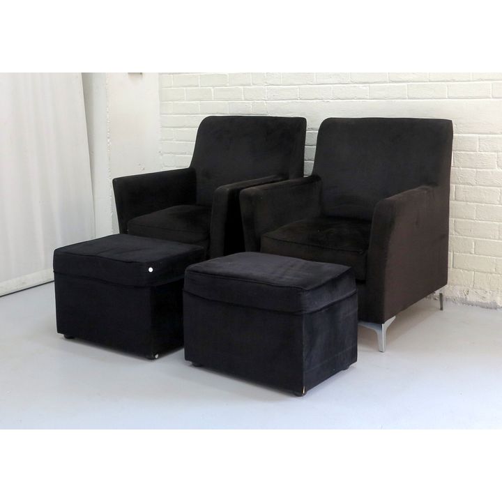 PAIR OF UPHOLSTERED ARMCHAIRS AND OTTOMANS