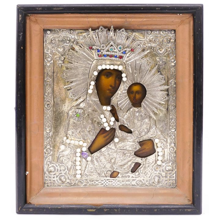 Antique Russian Oklad Jeweled Silver Icon