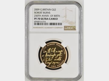 2009 ELIZABETH II PROOF GOLD 2 POUND 'ROBERT BURNS' PF70 UCAM TOP POP!