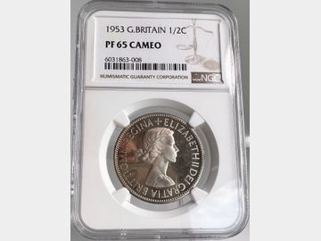 1953 ELIZABETH II PROOF HALF CROWN PF65 CAMEO