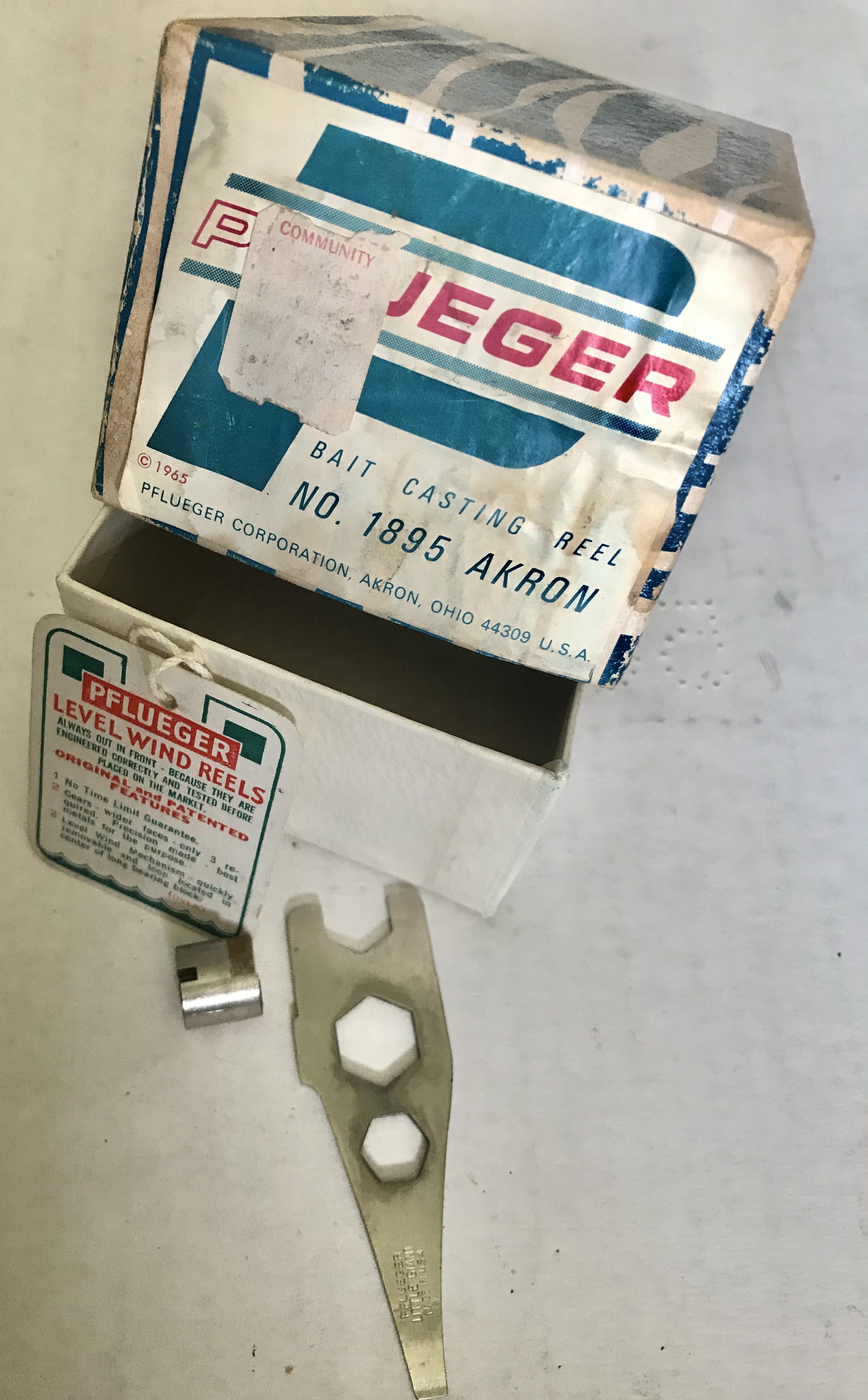 Pflueger “Akron 1895” reel, wrench,tool, box