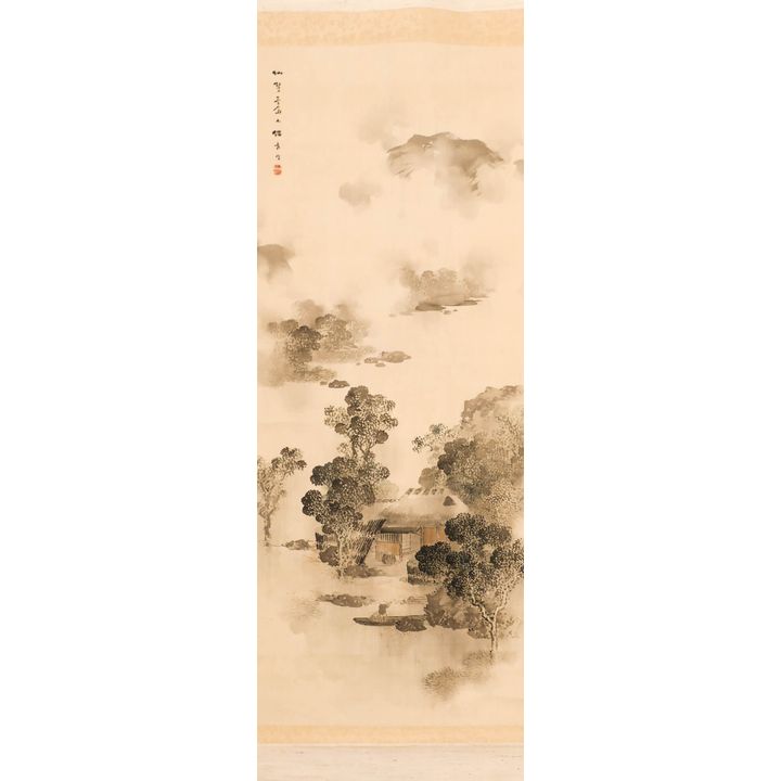 Japanese Fisherman in Landscape Scroll Painting in Box