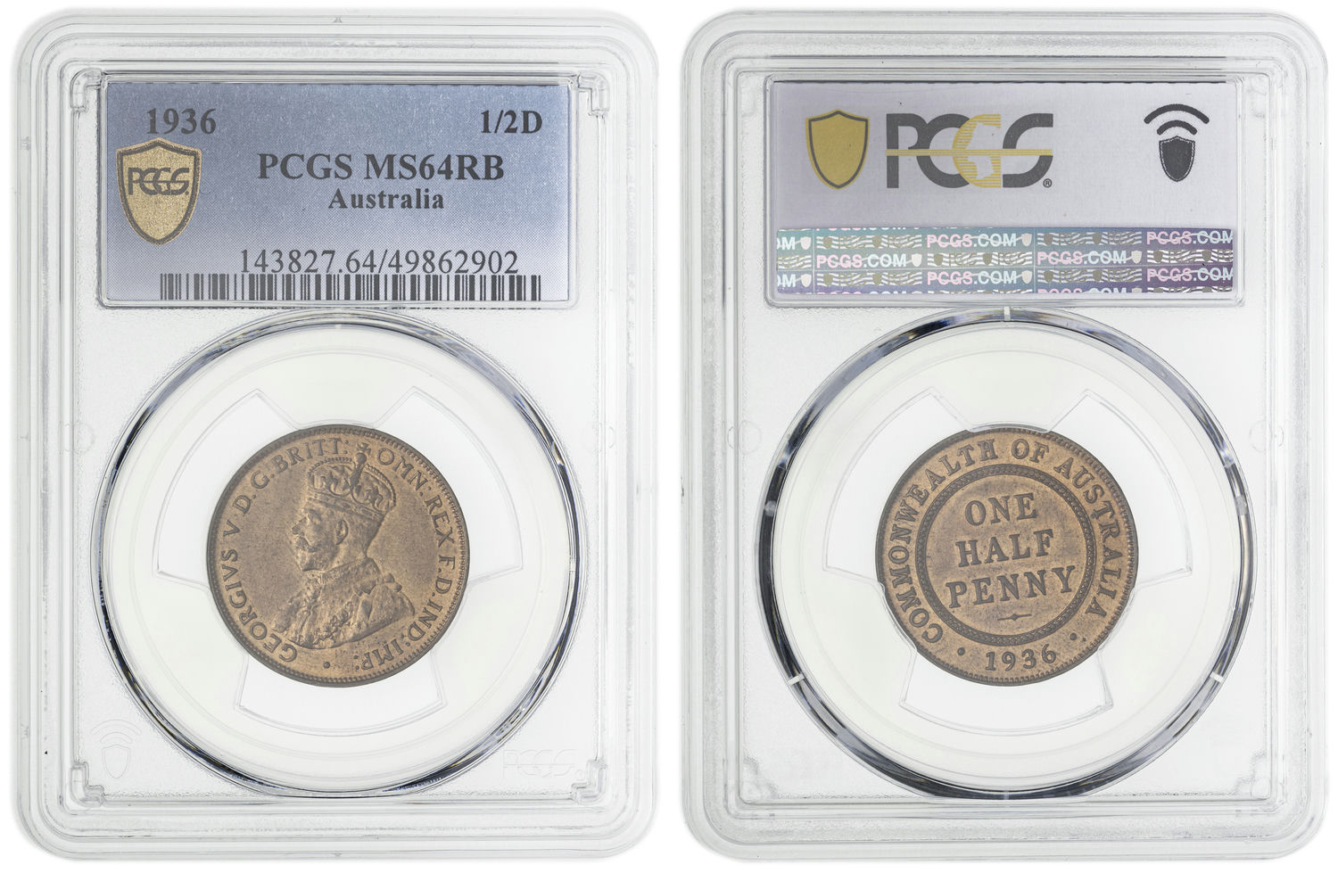 George V, Halfpenny, 1936, PCGS MS64RB