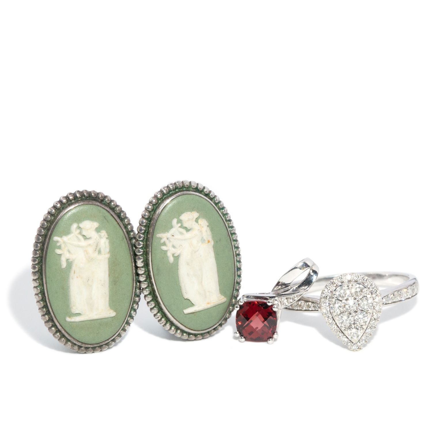 Diamond Ring, Garnet & Diamond Pendant, Wedgewood Earrings