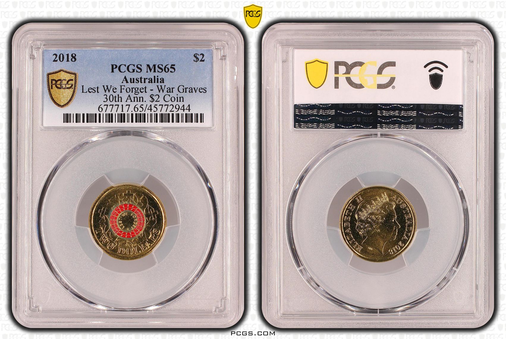 Elizabeth II, Lest We Forget - War Graves 30th Ann. $2 Coin, Two Dollar, 2018, PCGS MS 65