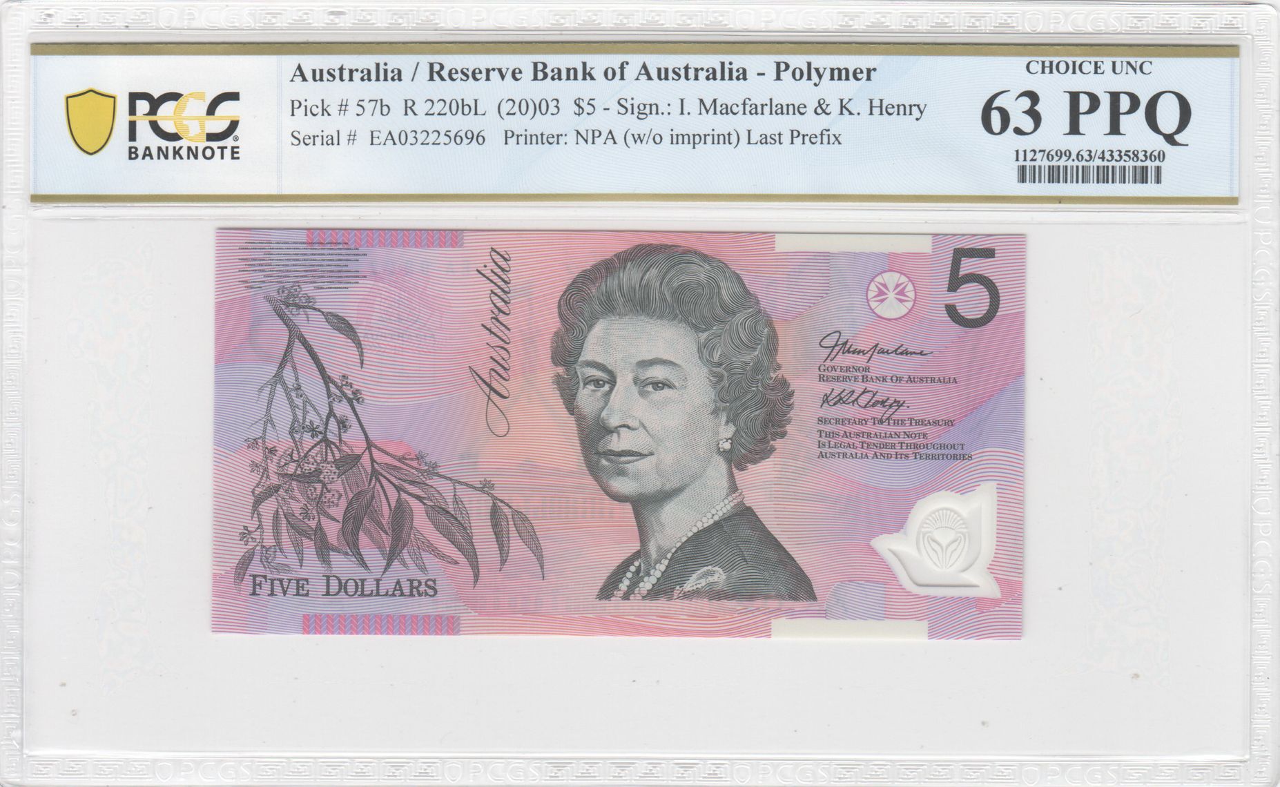 2003 $5 Macfarlane/Henry Choice Unc 63 PPQ Last Prefix
