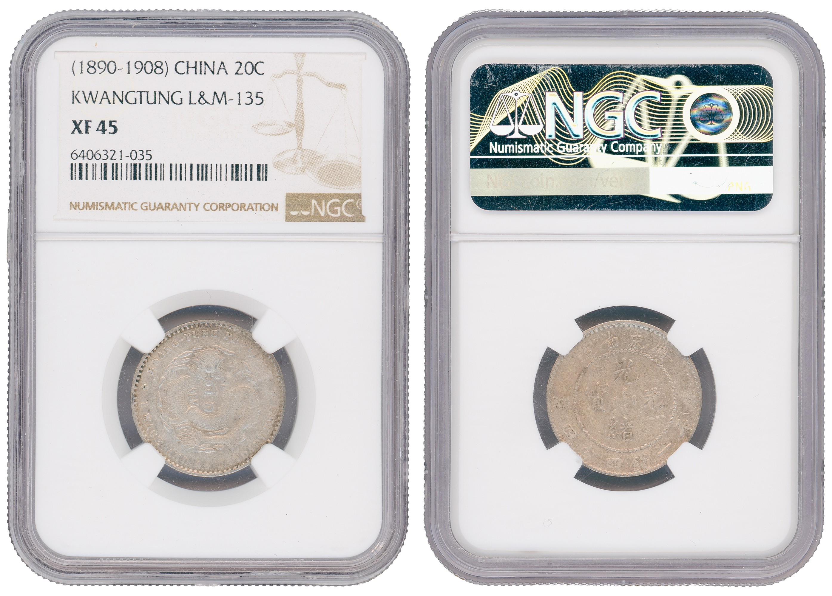 China, Kwangtung L&M-135, Twenty Cent, 1890-1908, NGC XF 45