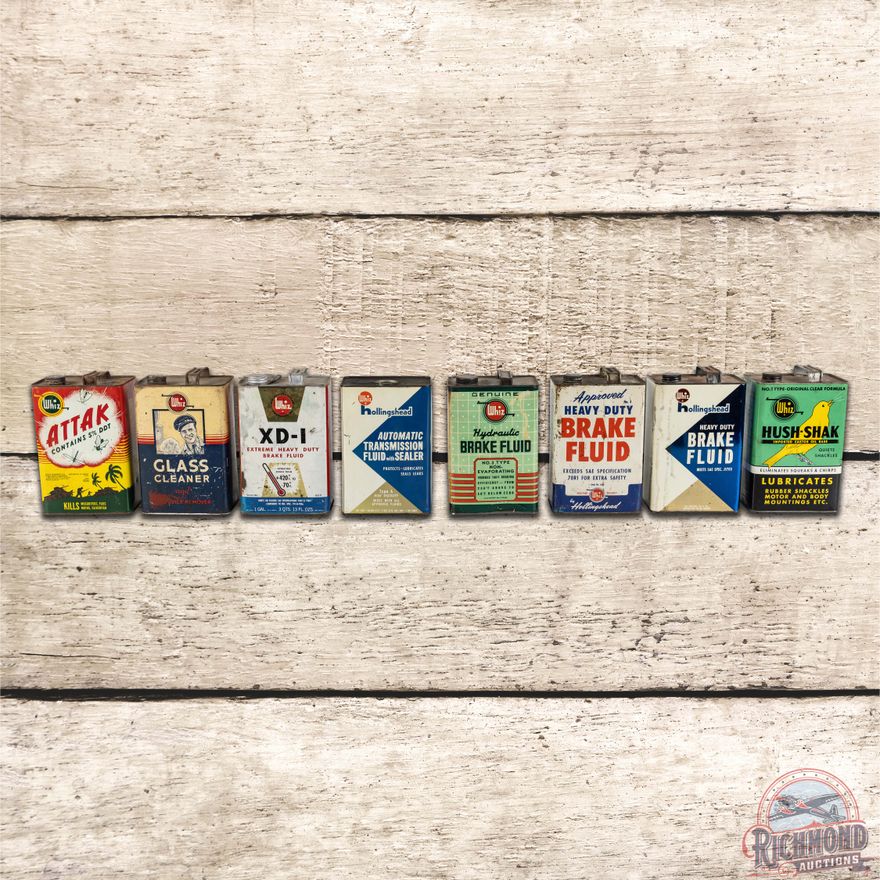Group of 8 Whiz Automotive Themed Advertising Gallon Cans Fly Attak w/ Tanks Hush-Shak