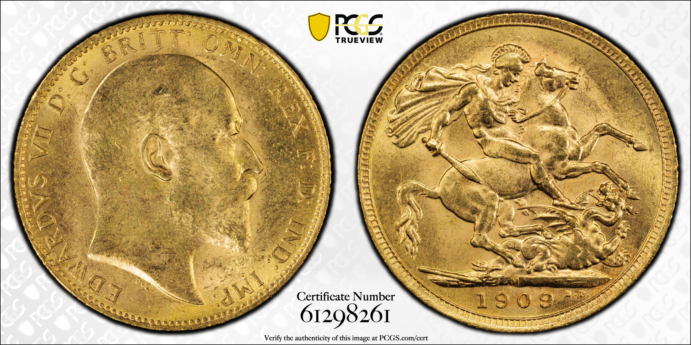 70 · Edward VII, St George Reverse, Sovereign, 1909-M, PCGS MS63