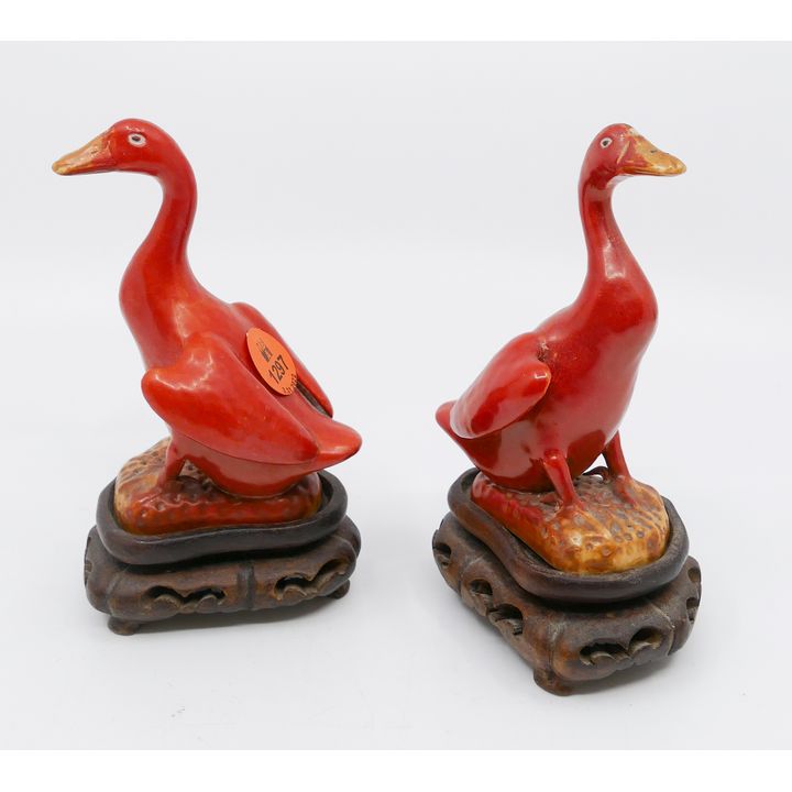 Pair Old Chinese Export Orange Duck Figures on Stands- 5''