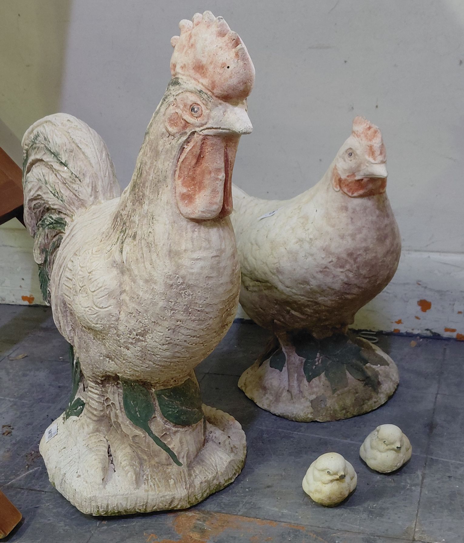 38 · 2 CONCRETE CHICKEN GARDEN ORNAMENTS