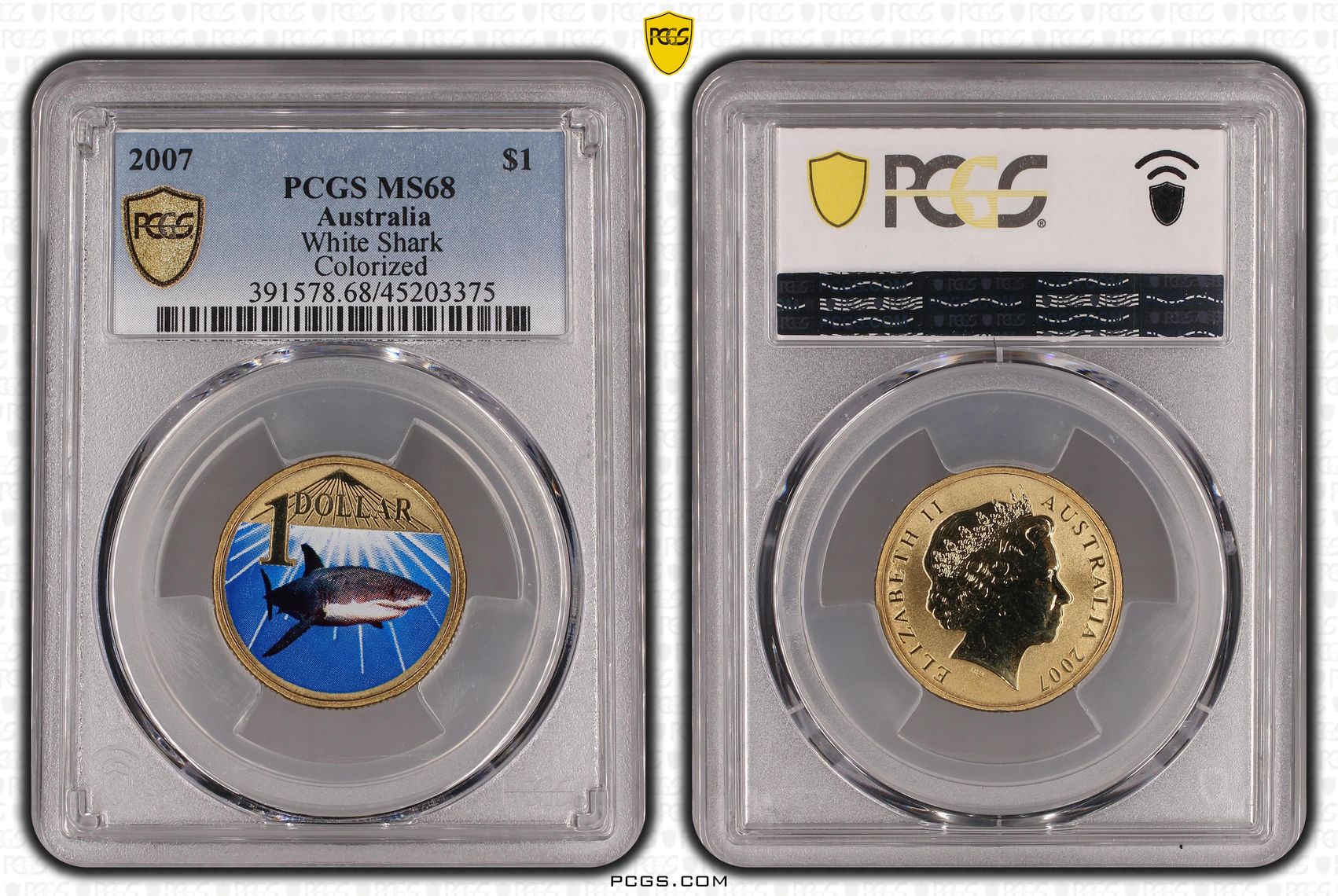2007 Australia One Dollar, $1 White Shark PCGS - MS68 -375